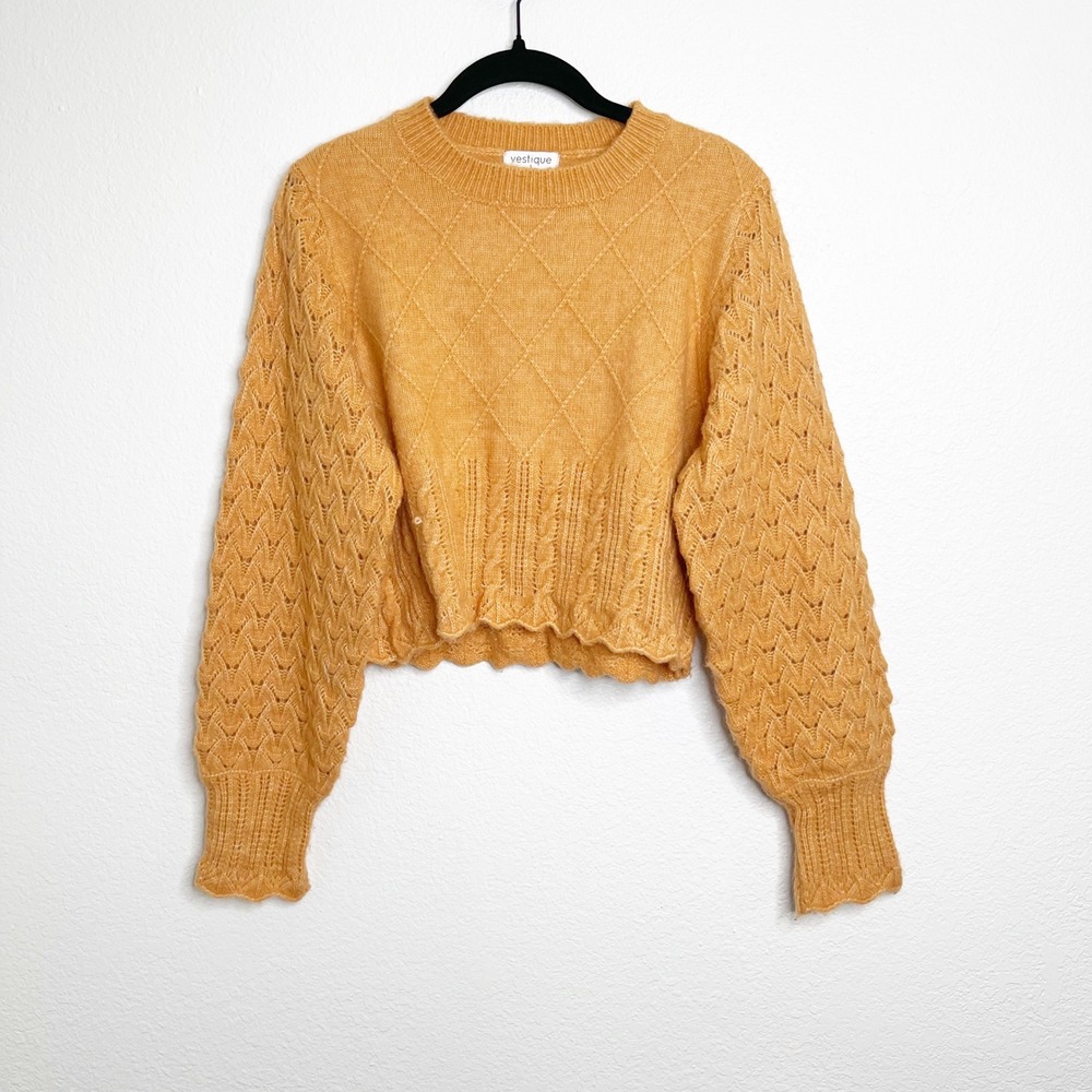 Vestique Womens Sand Orange Cropped Pointelle Balloon Sleeve Sweater Size S